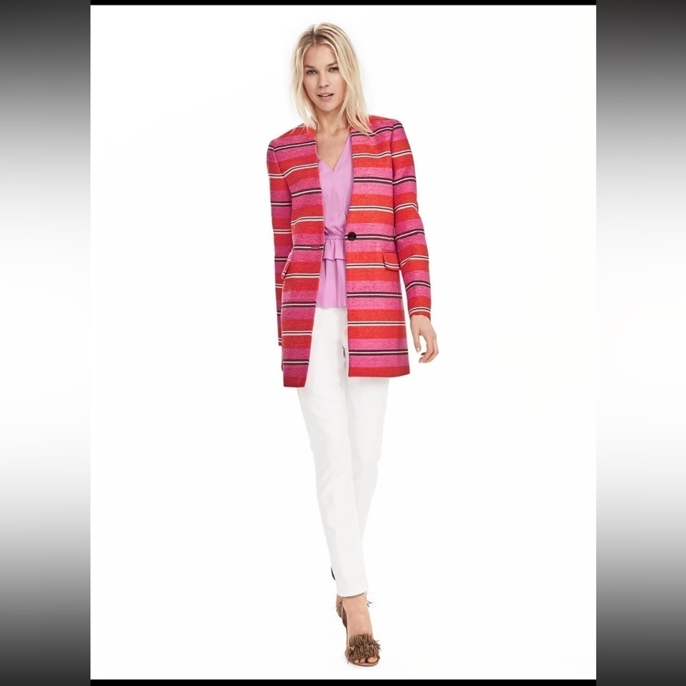 Banana Republic Pink Stripe Collarless Coat Blazer Size Small Petite - Picture 14 of 14